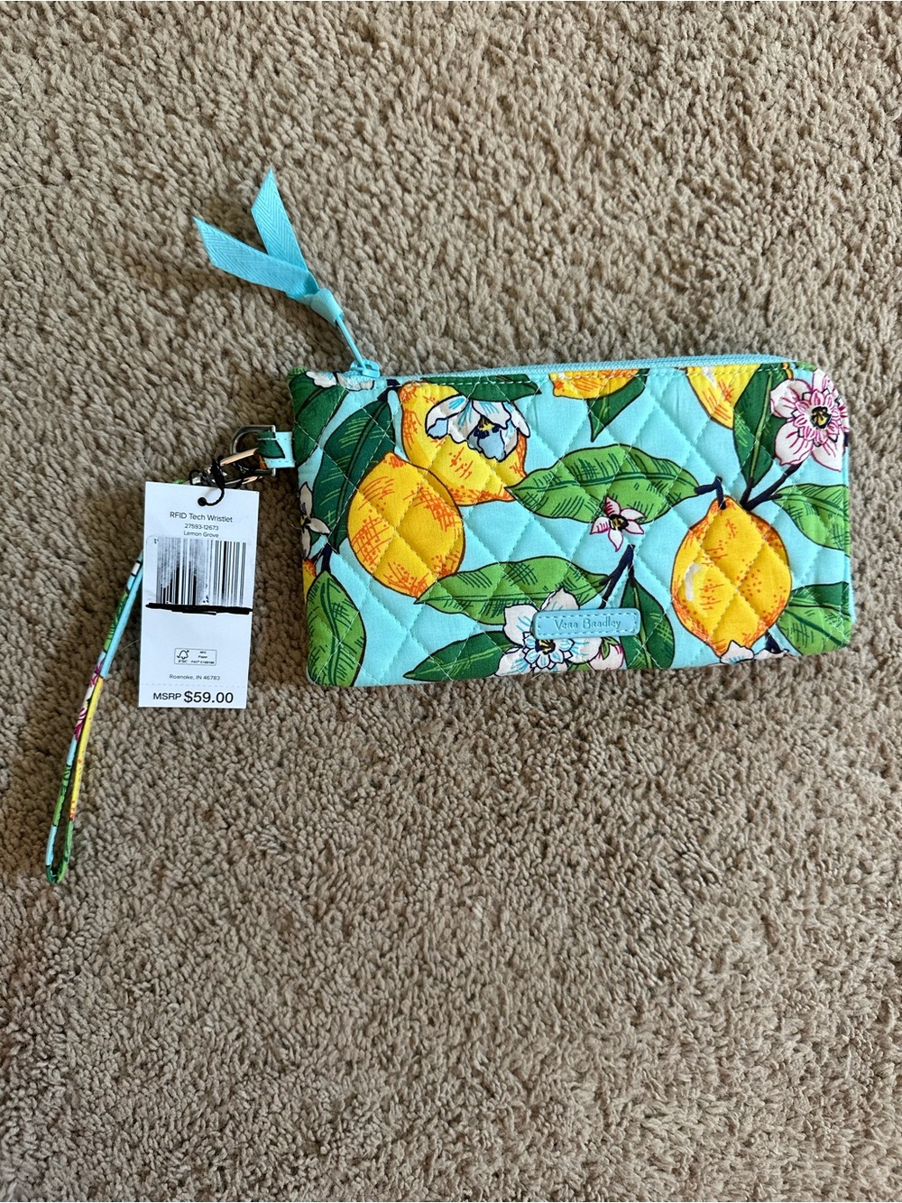 Vera Bradley Lemon Print Quilted Tech Wristlet.